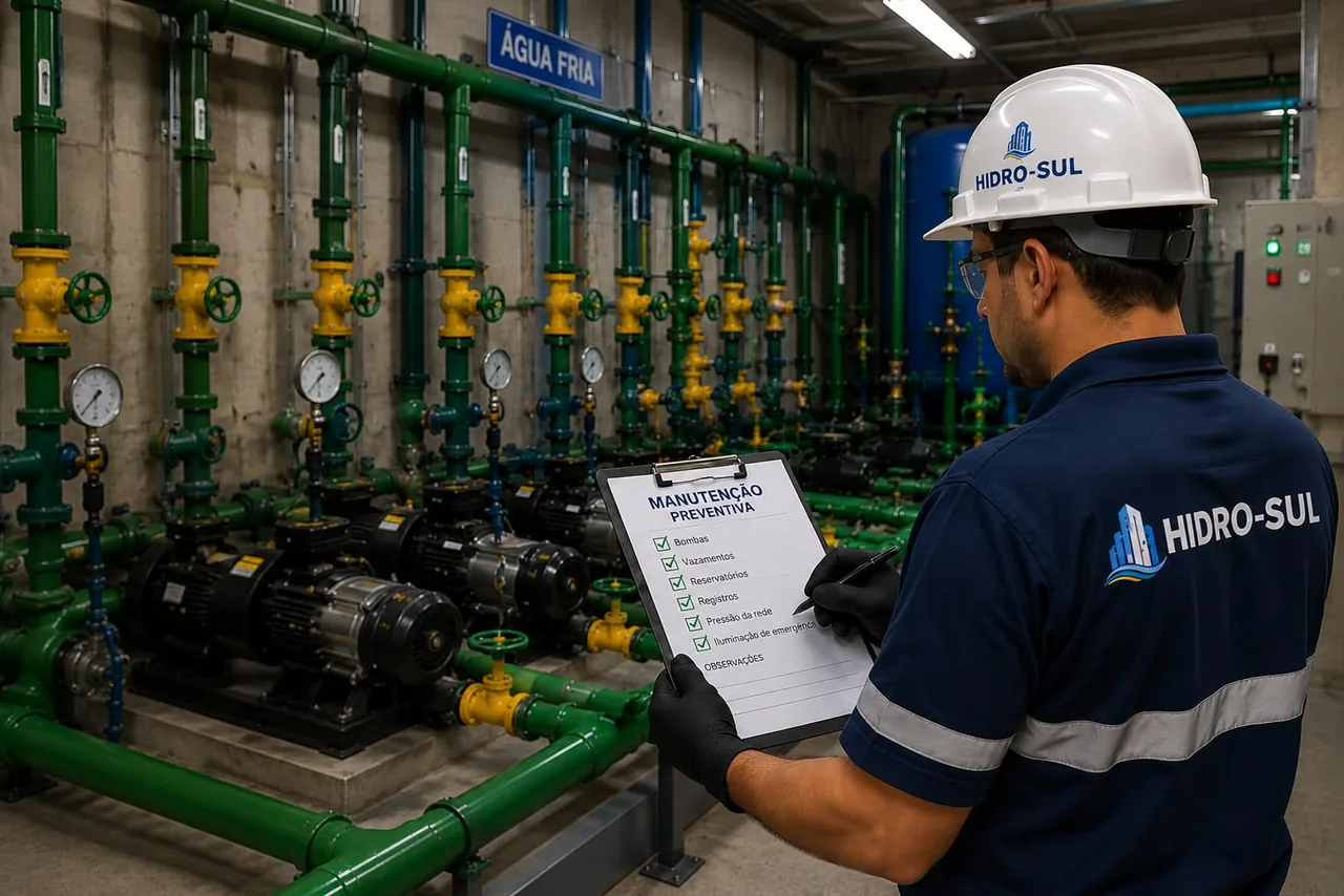 Técnico da Hidro-Sul realizando manutenção preventiva em casa de bombas